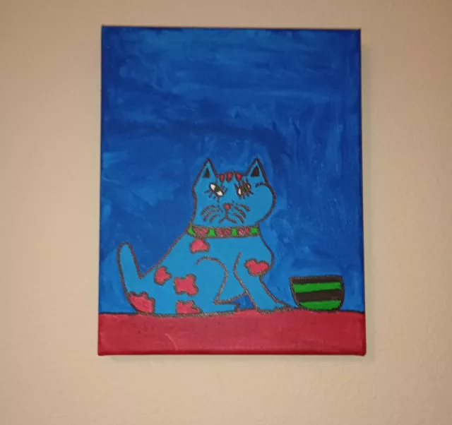 Handpainted Blue Cat And A Bowl Original Acrylic Painting On Canvas 8x10"