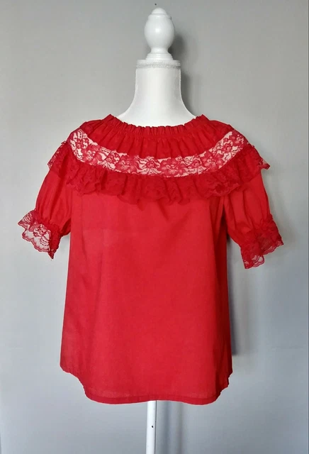 Vtg Pete Bettina Womens Square Dance Blouse Red Lace Sz Medium