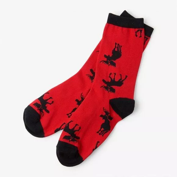 Little Blue House Men's Crew Socks Classic Moose One Size Red Cotton Blend - NWT