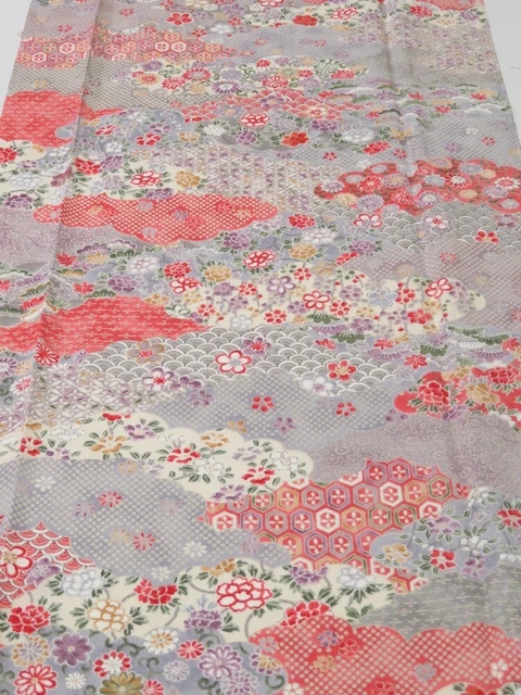 4F06z100  Japanese Kimono Silk  FABRIC Flowers Lavender gray 65.4x14.6