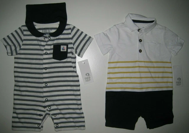 BNWT F&F BABY BOYS 2 x NAUTICAL POLO ROMPER OUTFIT SET BUNDLE LOT - 3-6 MONTHS