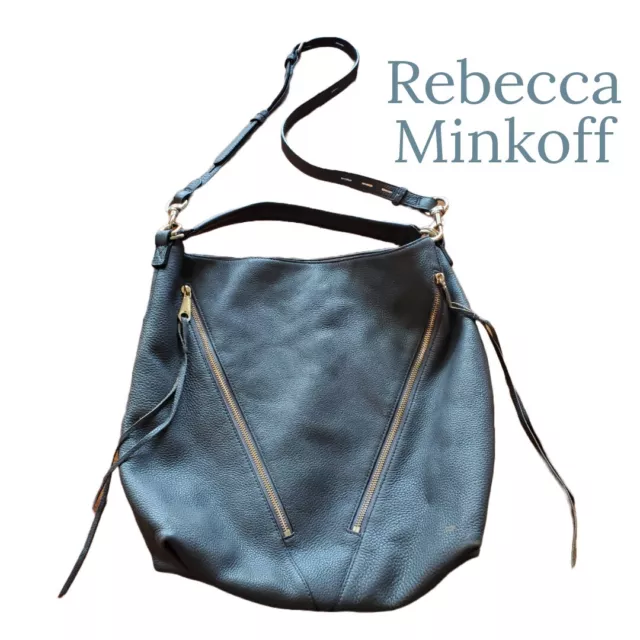 Rebecca Minkoff Bryn Double Zip V Hobo Bag, Gray Pebbled Leather Bag, Designer