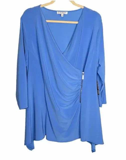 Gorgeous Chaus New York Blue V-Neck 3/4 Sleeve Side Zip Wrap Blouse Size 2XL NWT