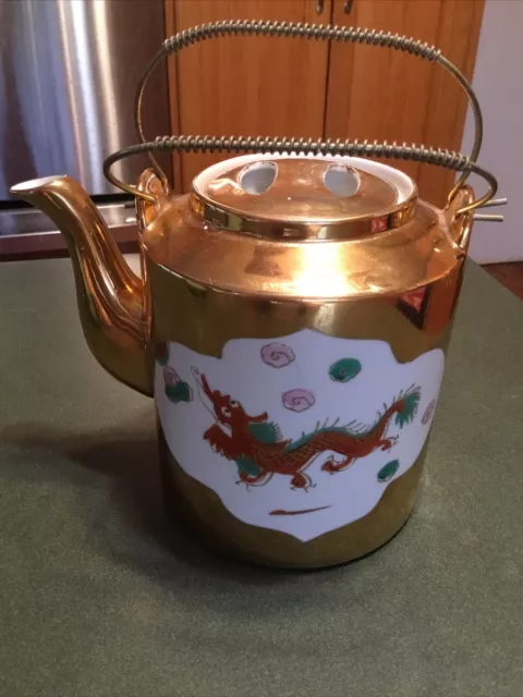 VINTAGE CHINESE GOLD Gilt Dragon/Phoenix Bird Wire Handles Teapot With ...