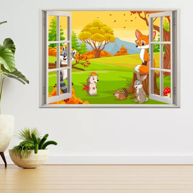 Cartoon Wild Animals In Forest 3d Window View Wall Sticker Poster Decal A440