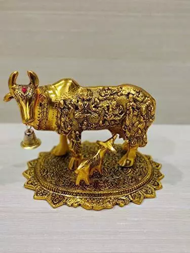 Metal Kamdhenu Cow With Calf Statue Showpiece Gold Plated For Home Decorative