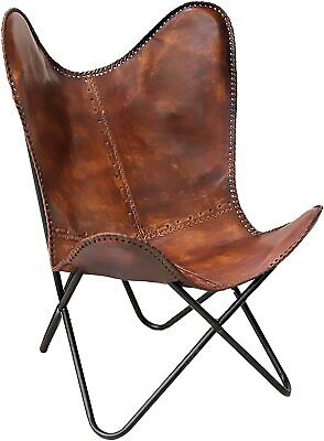 Handmade Antique Leather Butterfly Chair Iron Frame Full Folding Relax Arm Chair