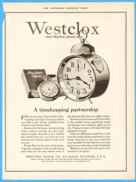 1921 Western Clock Co La Salle IL Westclox Pocket Ben Watch Alarm Partnership Ad