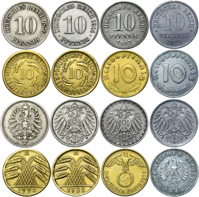 Germany Deutsches Reich - BUNDLE Set 8 Coins 10 Pfennig 1873-1945 LOT Collection