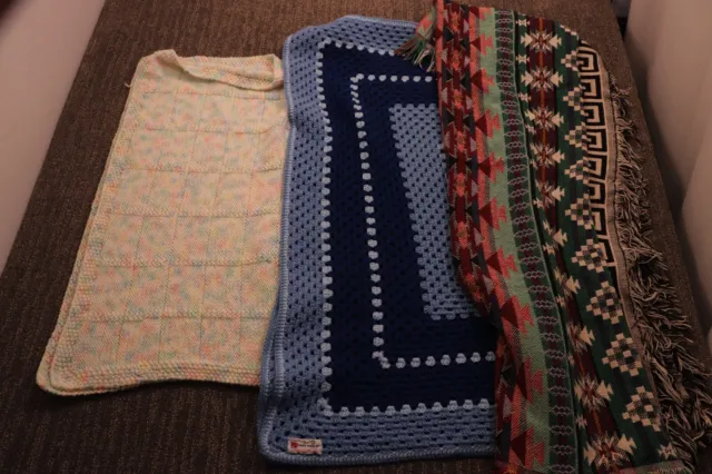 VTG Lot Handmade Afghan Granny Square Crochet Baby Blanket Southwestern Tapestry