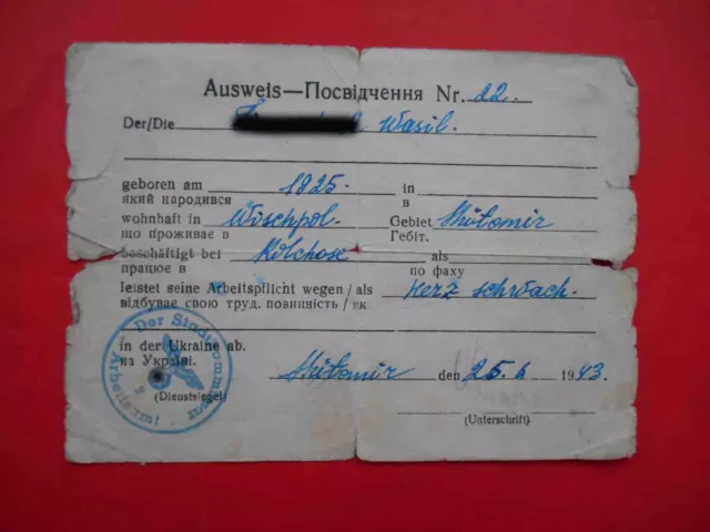 Occupation of UKRAINE 1943 Document for worker from ZHITOMIR district