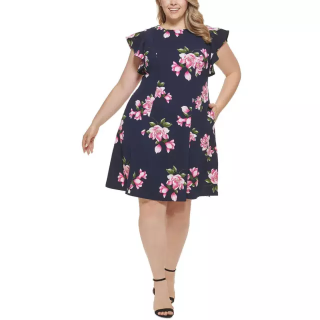Jessica Howard Womens Navy Floral Print Fit & Flare Dress Plus 22W BHFO 7062