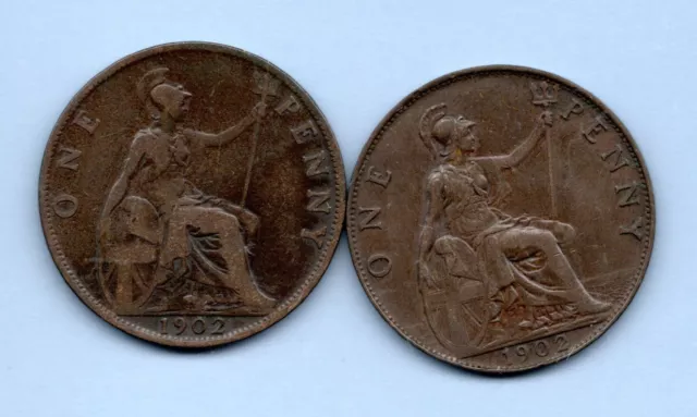 1902 Low Tide, And High Tide Pennies. 2 X Penny Coins. King Edward Vii.