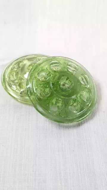 VtG Uranium Vaseline Glass Flower Frog 9 Holes Green  Set Of 2