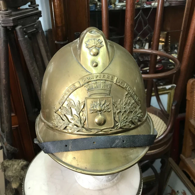 Casque Pompier Antique Laiton Et Cuir - Finition Rouge - Taille ~68.5cm - Neuf