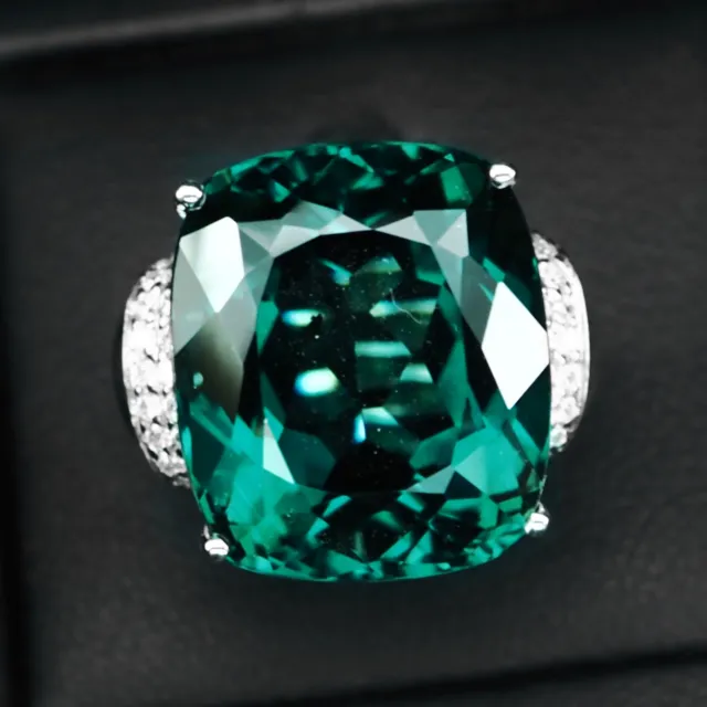Precious Teal Blue Tourmaline Cushion 24.60 Ct 925 Sterling Silver Ring Size 6.5