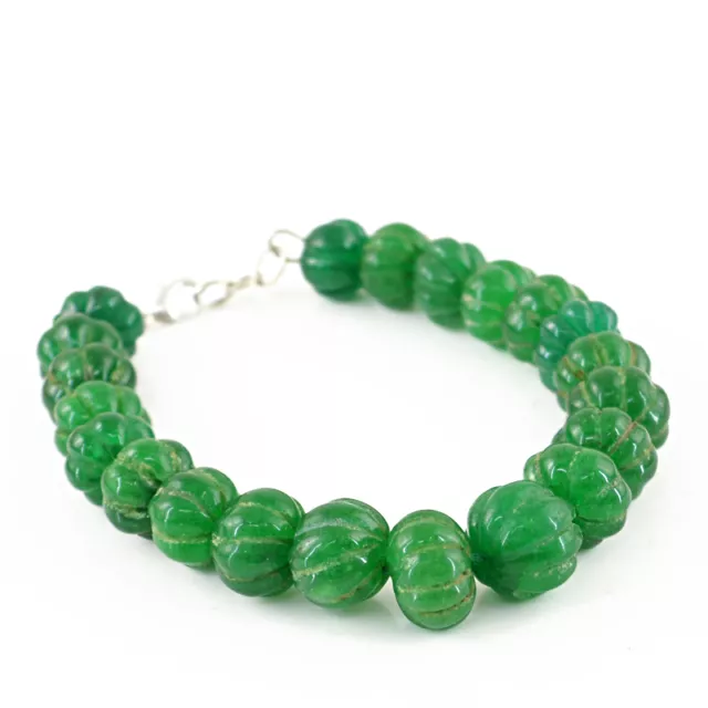 250.50 Cts Earth Mined Green Emerald Round Shape Carved Beads Bracelet (RS)