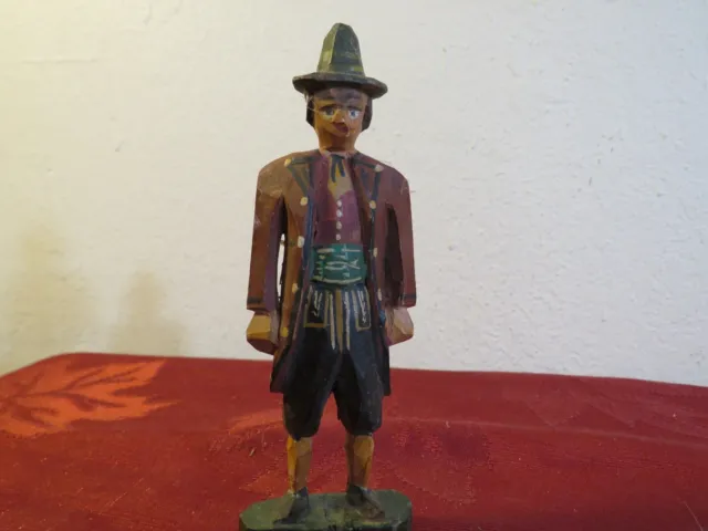 Wooden carved figure, Tyrolean man, 5 inch, brown coat black peaked hat