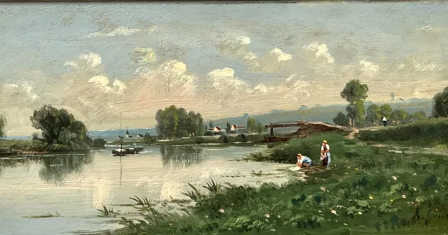 GUILBERT André (XIXème ). Bord de rivière animé aux lavandières. HSP, 16x38 cm.