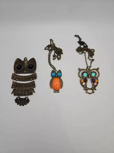 Owl Necklace Lot Of 3 Necklaces Metal Pendant Fashion 2 With Chains 1 Without