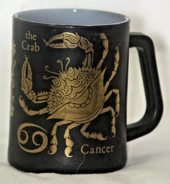 Vintage Federal Milk Glass ZODIAC Sign Cancer Crab Black Gold Coffee Mug USA