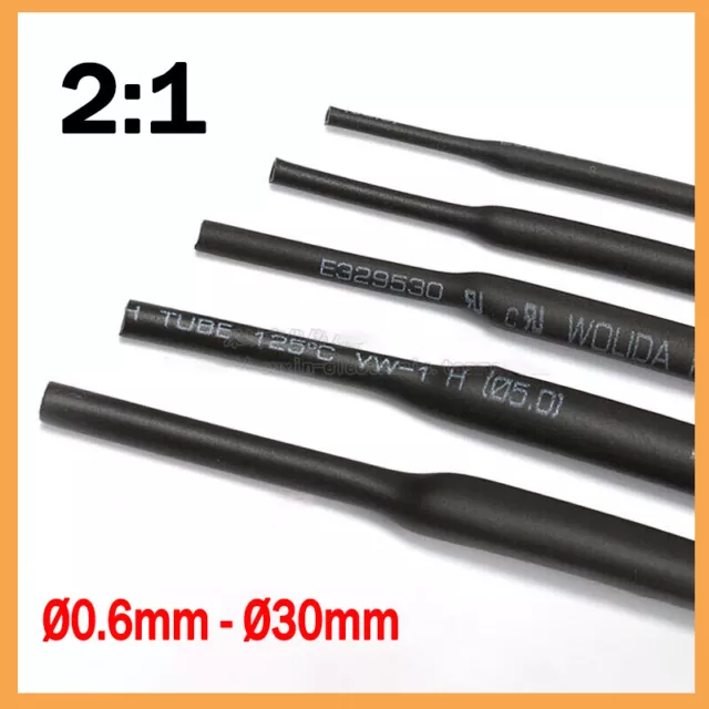 Black Heat Shrink Tubing - 0.6mm - 30mm Cable Heatshrink Sleeving Car 2:1 Ratio