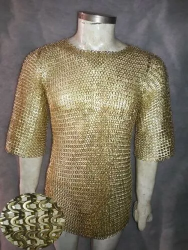 Chain Mail Shirt, Golden Zinc Plated Flat Riveted With Washer Armour Shirt