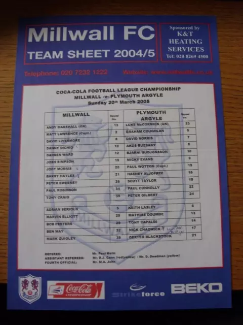 20/03/2005 Colour Teamsheet: Millwall v Plymouth Argyle  (folded)