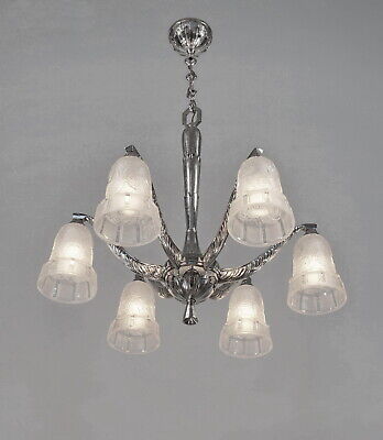 HETTIER & VINCENT : 1930  french art deco chandelier in nickel plated bronze