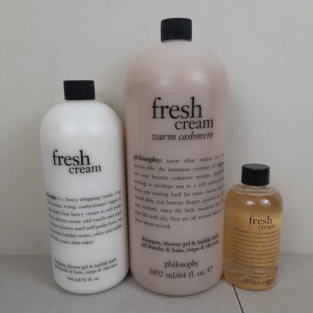 Champú de ducha Philosophy crema fresca cálida cachemira gel 64 fl, + 32 oz y spritz