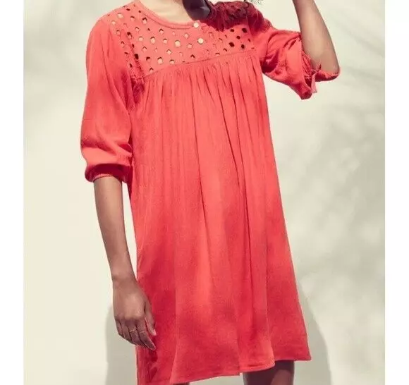 Madewell Eyelet Daybreak Dress F0952 Linen Blend Red Orange Women’s  XXS Pockets