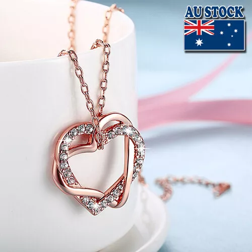 New 18K Rose Gold Filled Women's Heart Pendant Necklace With Swarovski Crystal