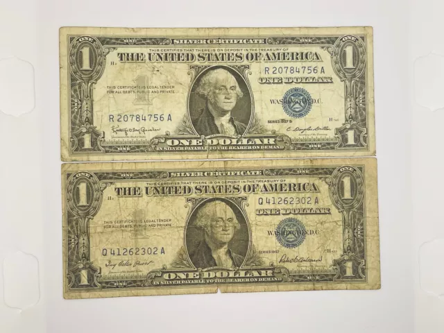 1957 Blue Seal $1 Dollar Silver Certificate, Old US One Dollar Bill 2x Lot