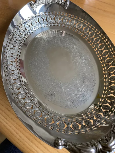 Pretty Silver Plate Engraved Filigree Entree Bread Serving Dish Oval barker elli