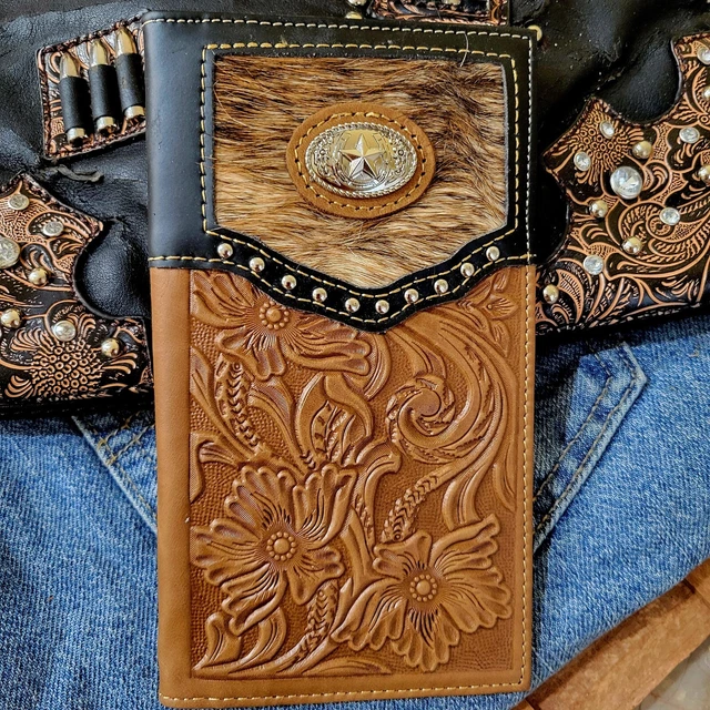 Star Sheriff Star Western wallet genuine leather cow hair hand tooled  Bifold...