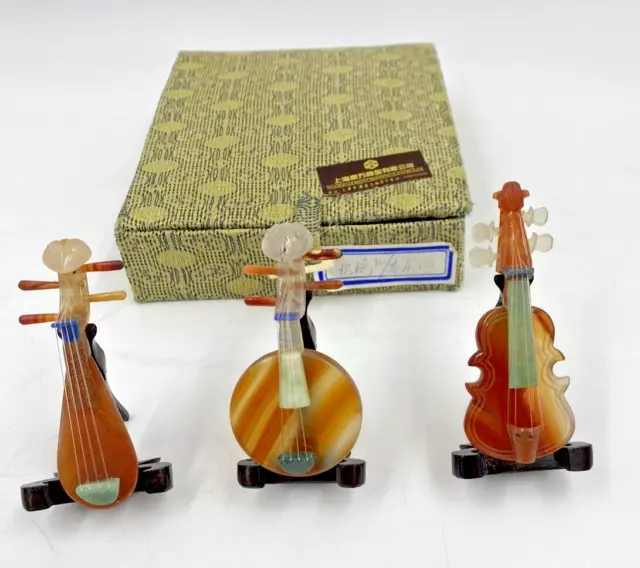 Set of 3 vintage Chinese mini musical string instruments, semi-precious stone