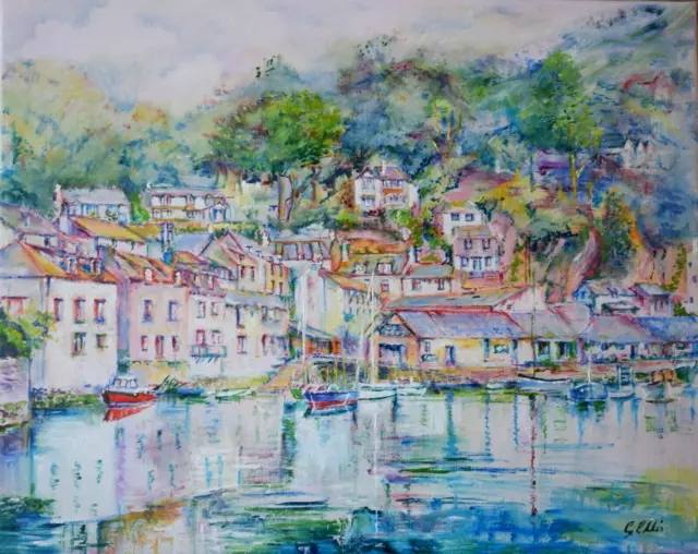 Original Landscape Oil Painting  Polperro Harbour, Cornwall Signed G Ellis coa