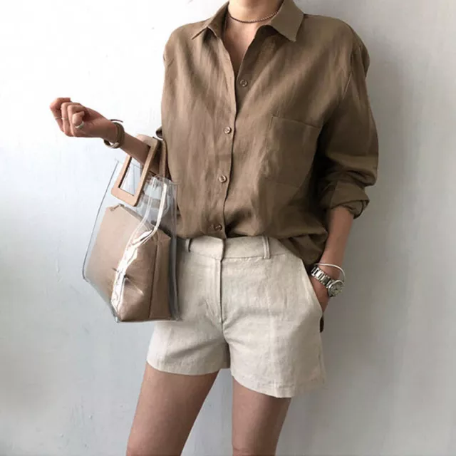 Summer Womens Collared Linen Cotton Button Blouse Tops Long Sleeve Fashion Shirt