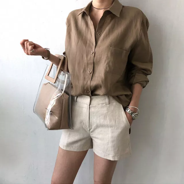 Womens Linen Cotton Button Blouse Tops Casual Collared Long Sleeve Shirts 2