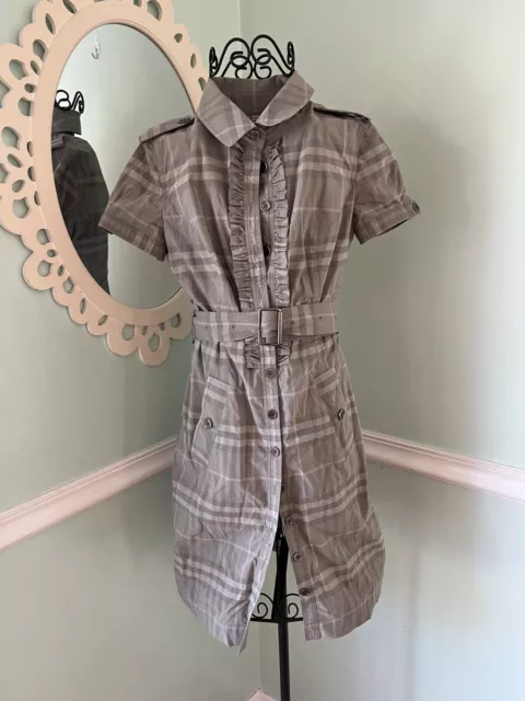 BURBERRY Gray Nova Check Print Ruffle Detail Belted Shirtdress Dress 4