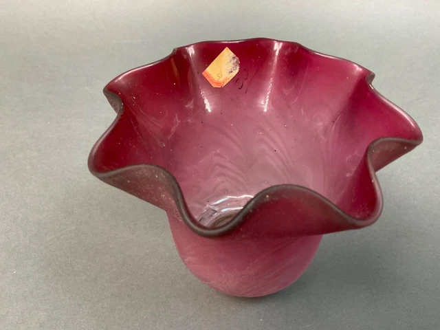 VINTAGE ANTIQUE GLASS LAMP Bell SHADE - 2.25” FITTER  Cranberry Ruffled Edge 4