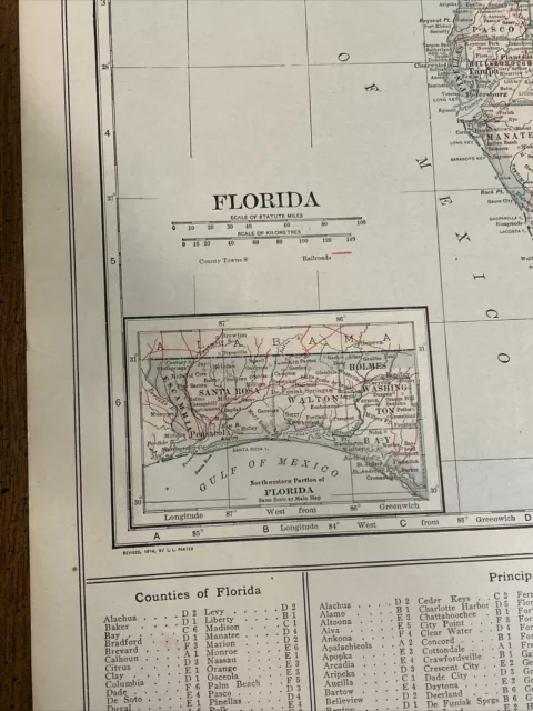 Antique 1914 Map Of Florida 11x15 Inches 2