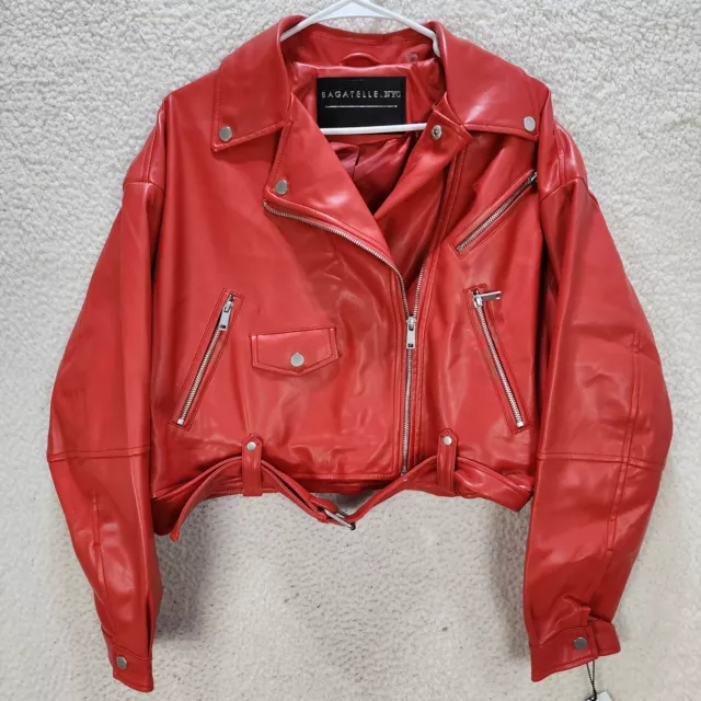 Bagatelle. Nyc Oversized Cropped Faux Leather Moto Jacket Women's M Cherry L/S