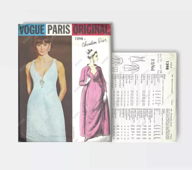 VOGUE PARIS ORIGINAL c.1960 Pattern Christian Dior Evening Dress & Coat #1398