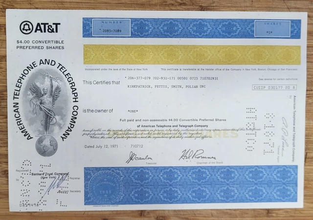 Stock Certificate AT&T American Telephone and Telegraph Company 1970's version
