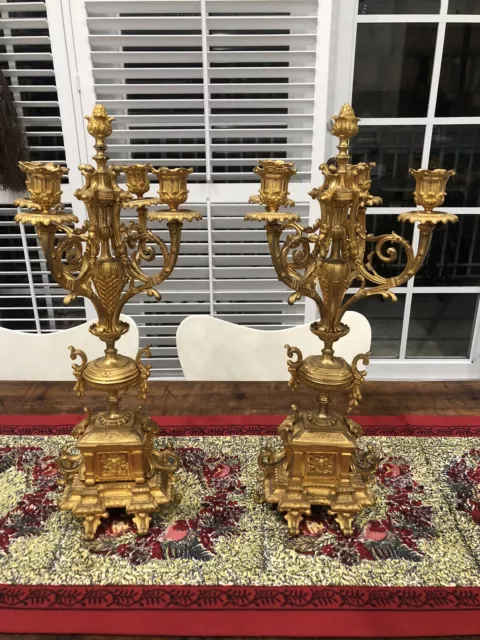 Rare Large 1850 Pair of Antique French Gilt Bronze Candelabras Worth $6000