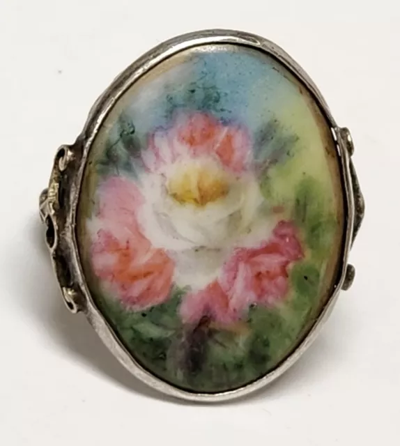 Seltener handbemalter Blumenmuster Rose Porzellan Sterlingsilber Ring C 1910 US Größe 6