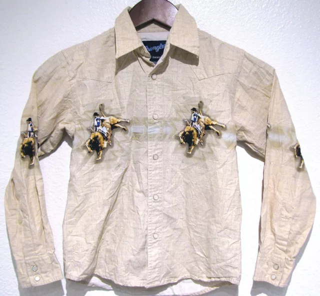 Wrangler BULL RIDER WESTERN Shirt Boys MED (7-8) cowboy rodeo snaps light beige