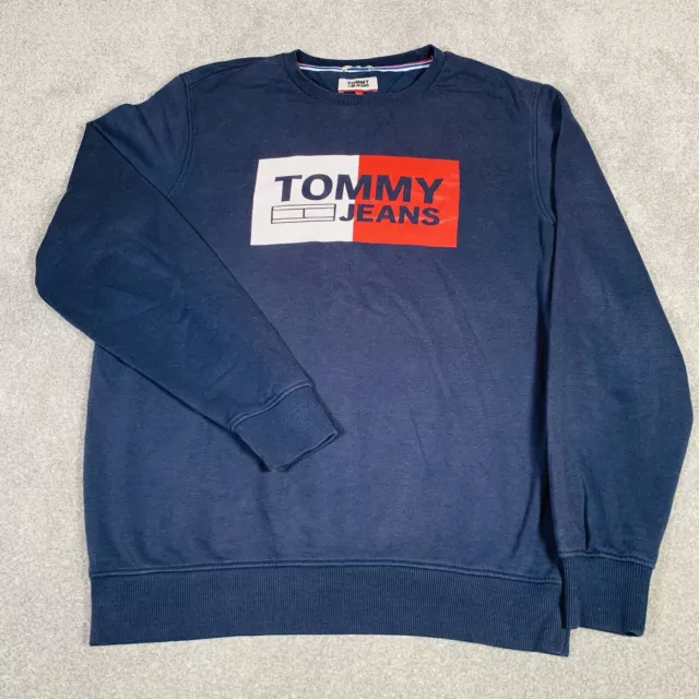 Tommy Jeans Jumper Mens Large Navy Sweatshirt Pullover Big Spellout Chest Logo