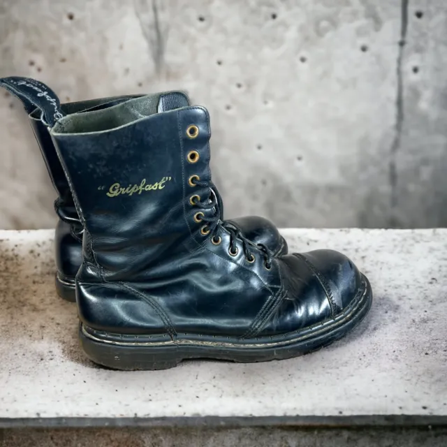 VINTAGE GRIPFAST BLACK Leather Boots Combat Steel Toe Goth Rivethead ...